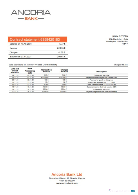 Download Cyprus Ancoria bank statement word